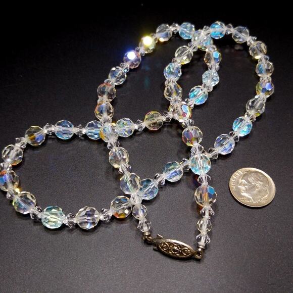 Vintage Crystal Aurora Borealis Beaded Necklace, Wedding Beads, 1960s, 24 Inch - Picture 2 of 7